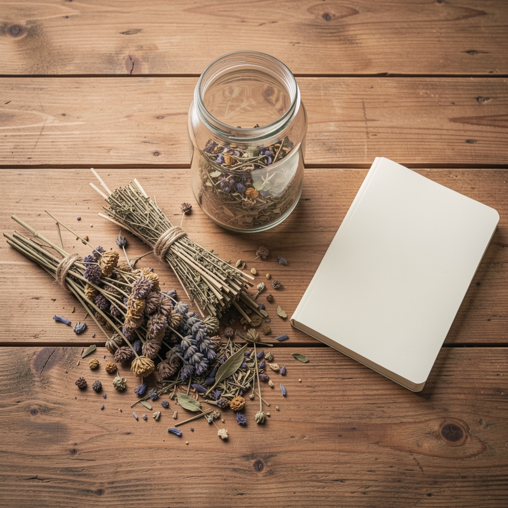 Drewniany stół z rozłożonymi suszonymi ziołami, szklanym słoikiem i notatnikiem, widok z góry, naturalne oświetlenie studyjne
